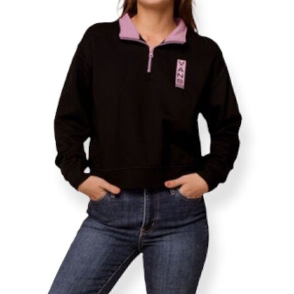 VANS QUARTER ZIP MOCK NECK CROP FIT LONG SLEEVE SWEATSHIRT JUNIOR BLACK PURPLE M - Picture 4 of 5